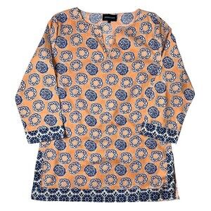 French Curve Coral & Navy Print 3/4-Sleeve Tunic Top Size L Beachy Coastal
